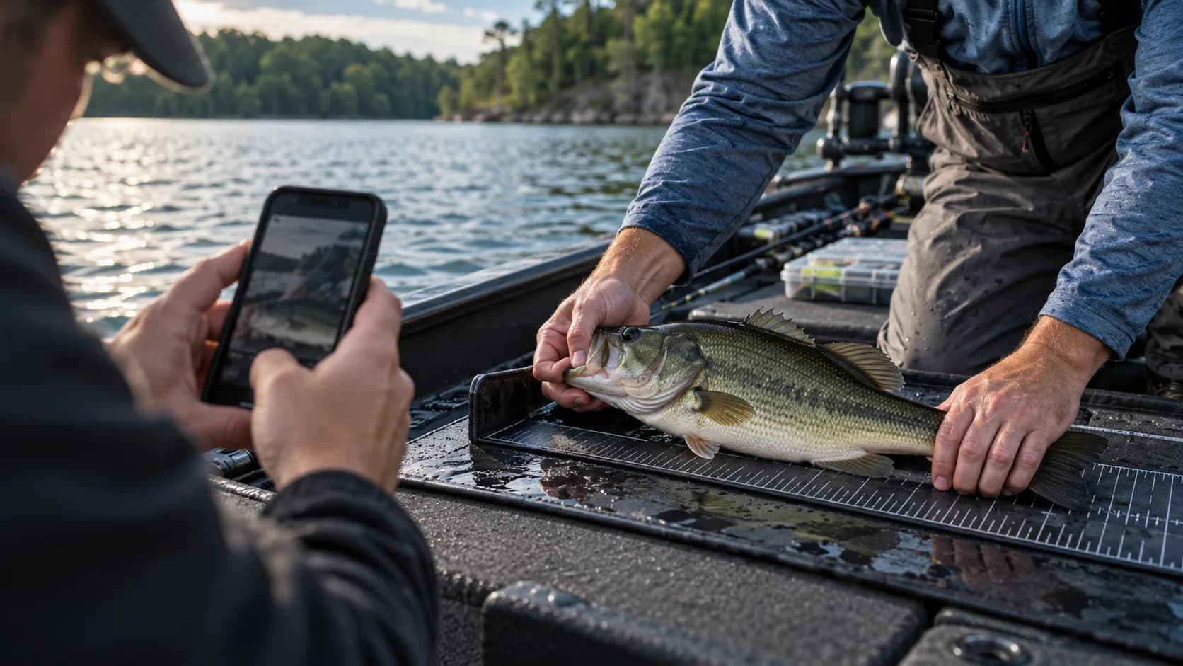 Angler measuring and recording a bass for a private catch log