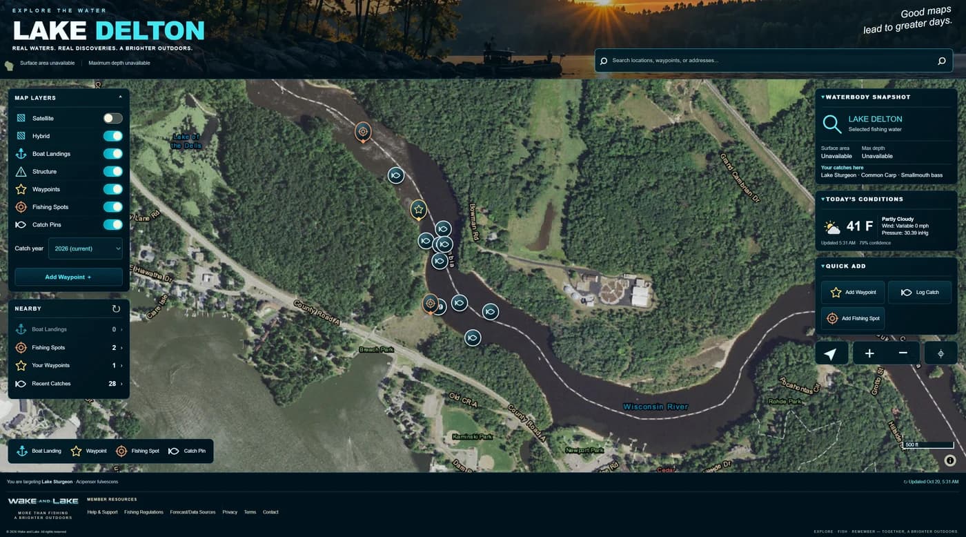 Actual desktop app: Lake Delton fishing map with saved fishing spots, waypoints, and catch pins