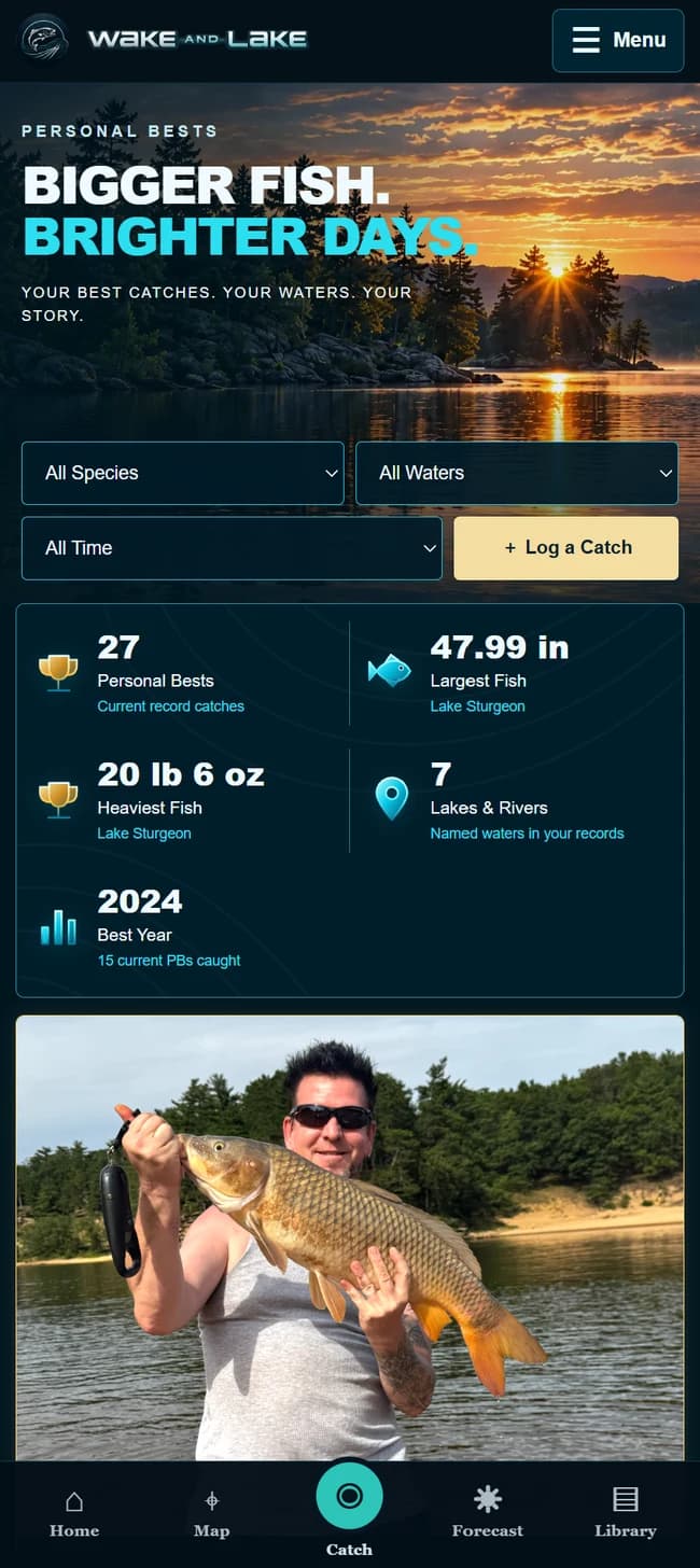 Actual mobile app: Personal bests with catch photos, record catches, and fishing history