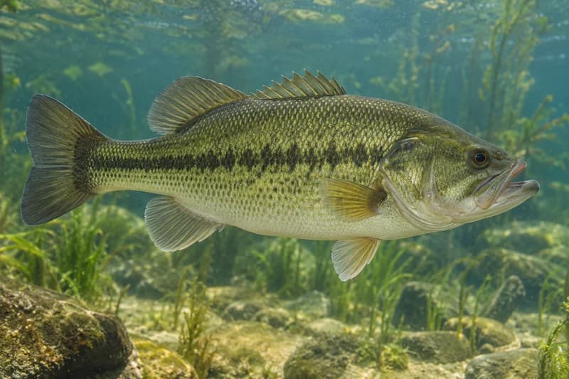 Largemouth bass (Micropterus salmoides) in its freshwater habitat