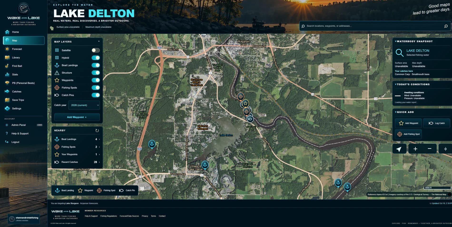 Actual desktop app: Lake Delton fishing map with saved spots and waterbody tools