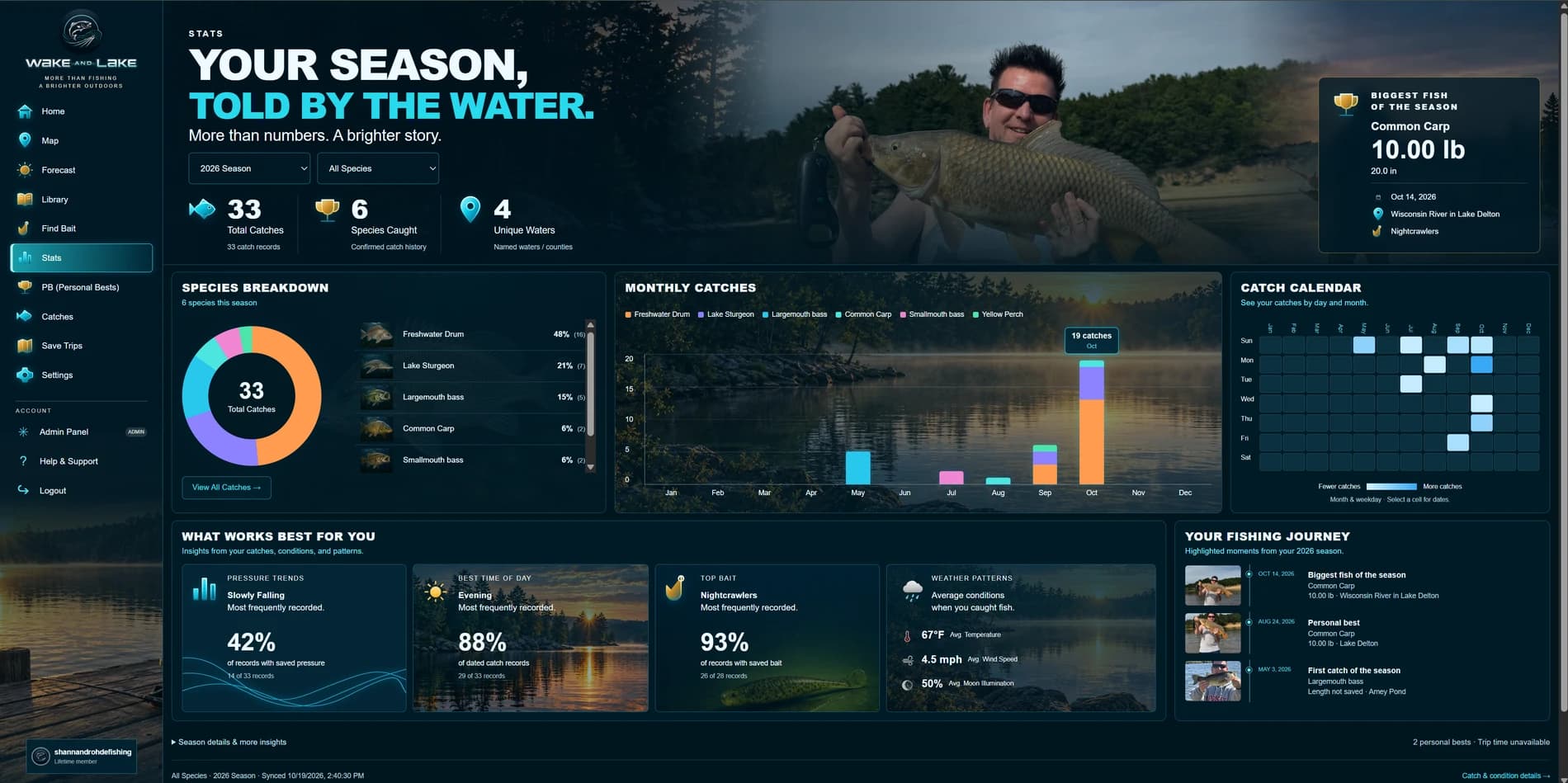 Actual desktop app: Fishing statistics with catch history, species breakdown, and personal bests