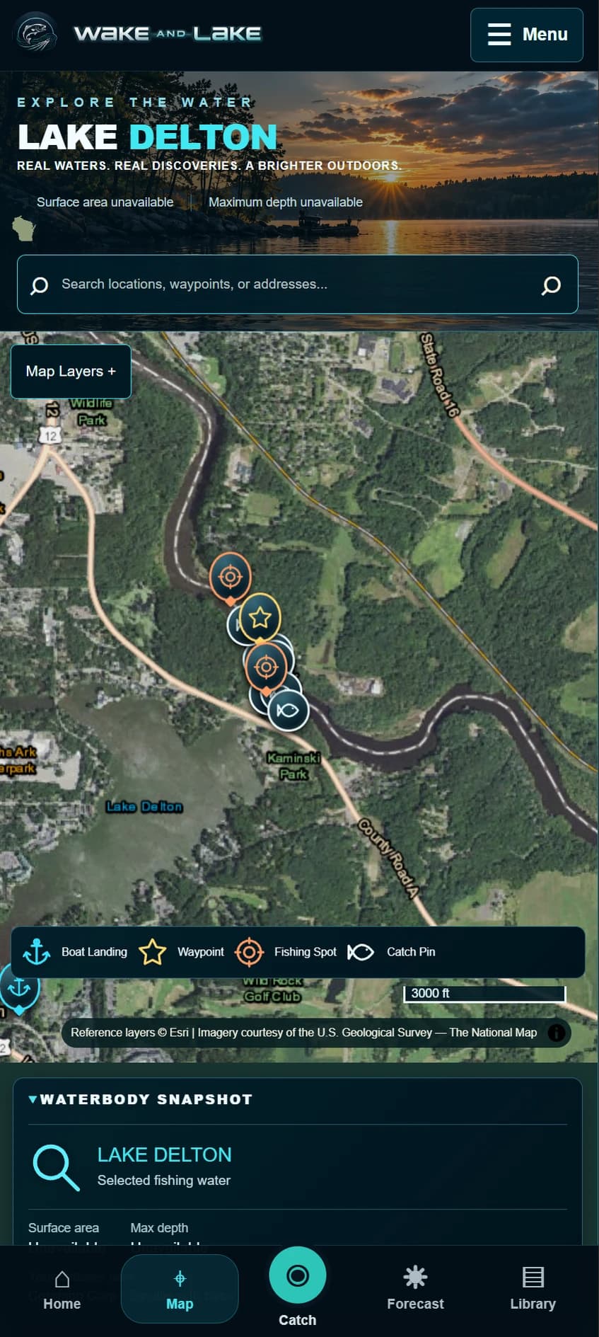 Actual mobile app: Lake Delton fishing map with saved spots and waterbody tools