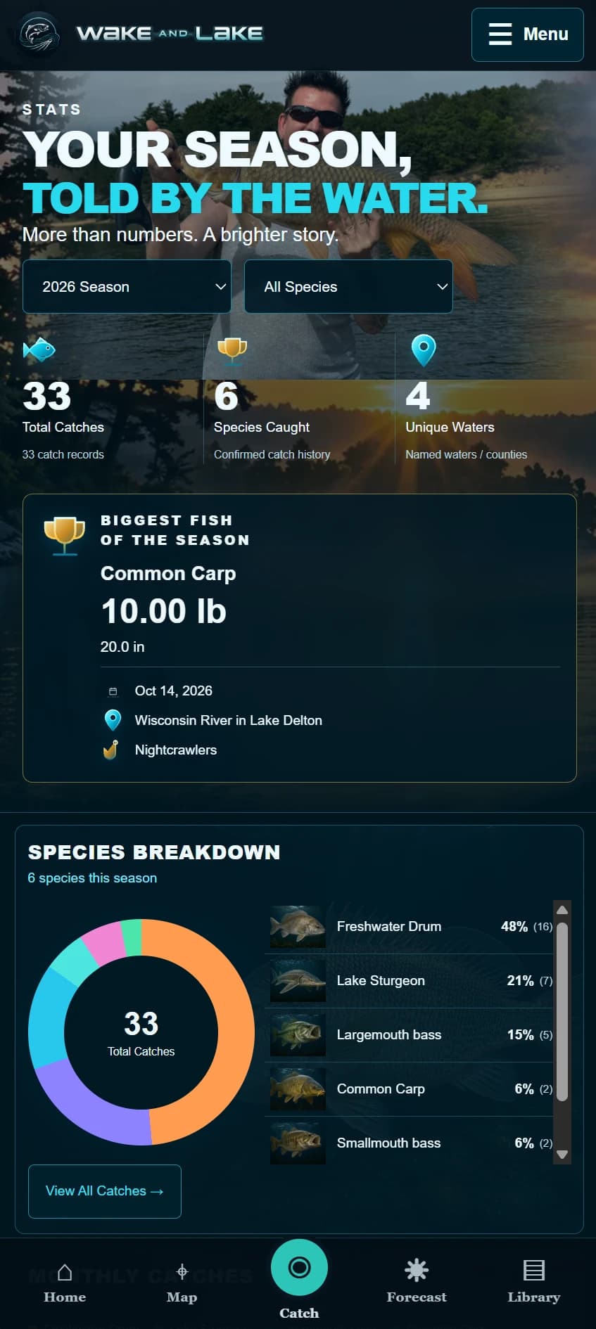 Actual mobile app: Fishing statistics with catch history, species breakdown, and personal bests