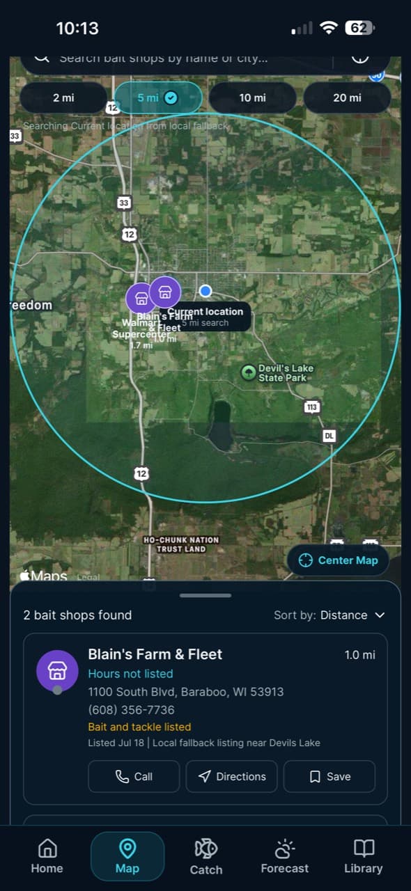 Find bait nearby in the Wake and Lake fishing maps app