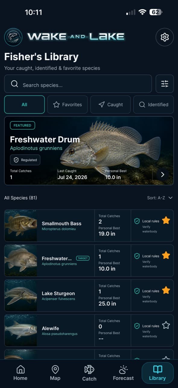 Fisher's Library species profiles in the Wake and Lake fishing app