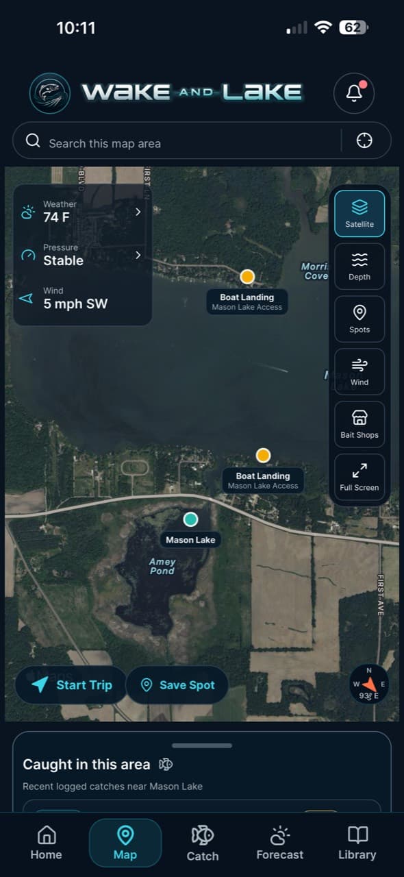 Fishing maps app screen for waterbody exploration
