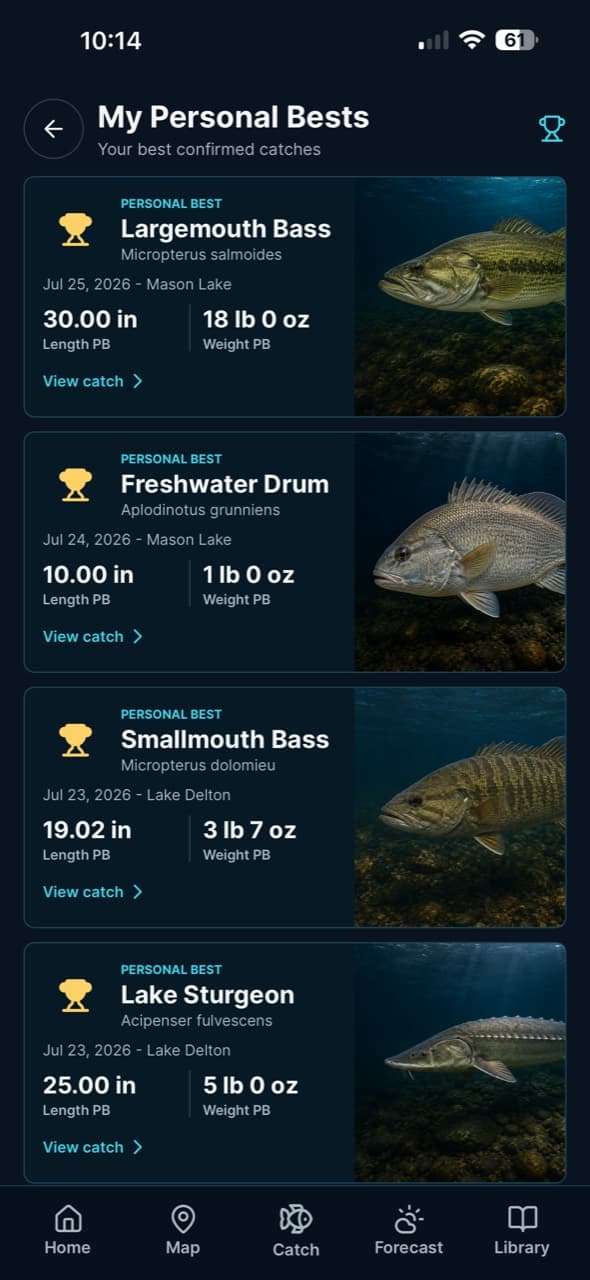 Personal bests feature in the Wake and Lake fishing log app