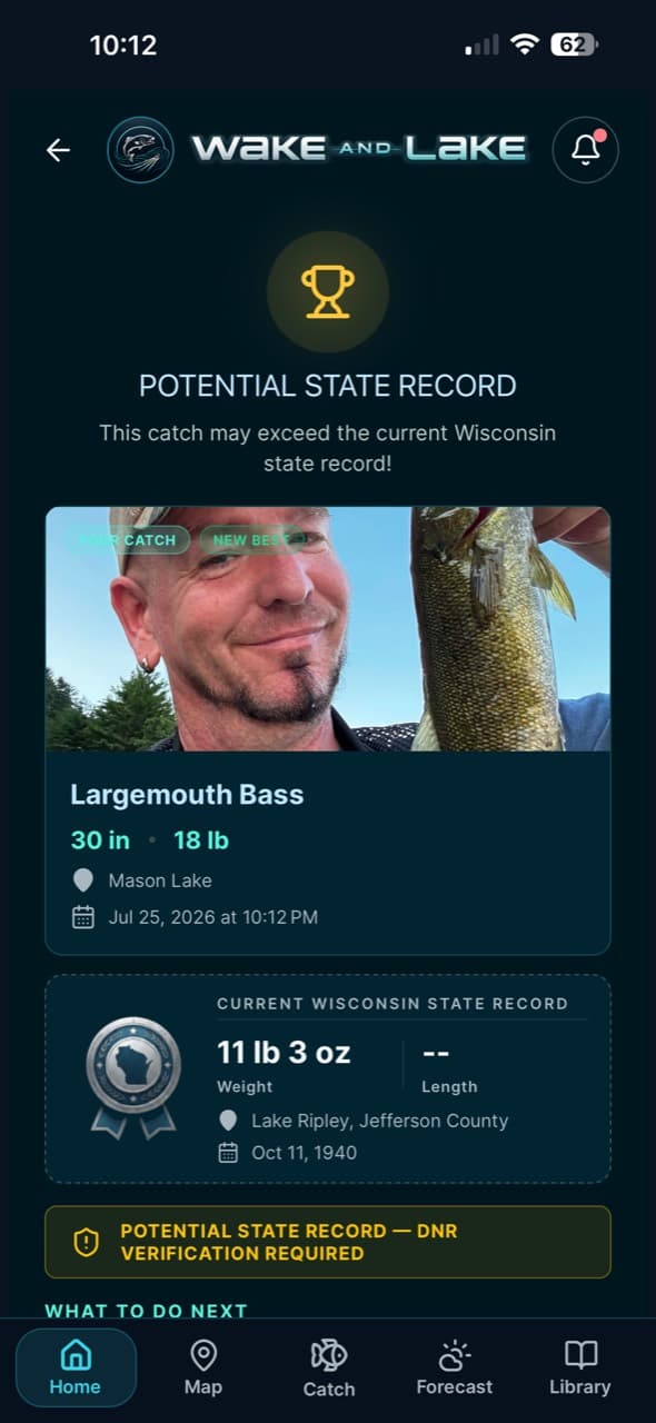 Record awareness feature in the Wake and Lake fishing log app