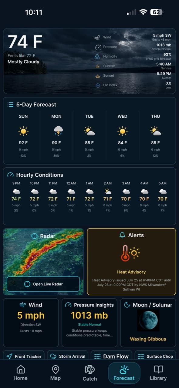 Fishing forecast app screen with weather and barometric pressure