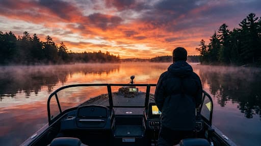 Wake and Lake fishing app with an angler on a modern fishing boat at sunrise
