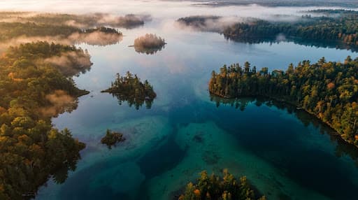 Aerial Wisconsin lake landscape at dawn